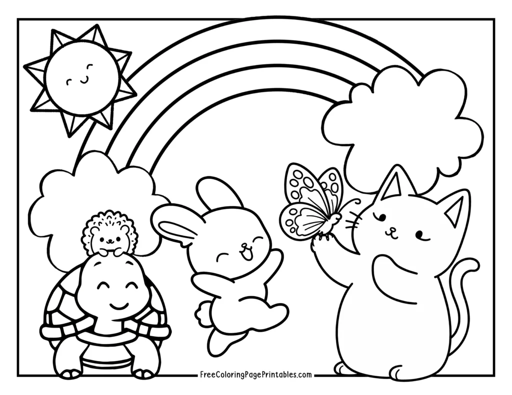 Cute Animals Rainbow Printable Coloring Page