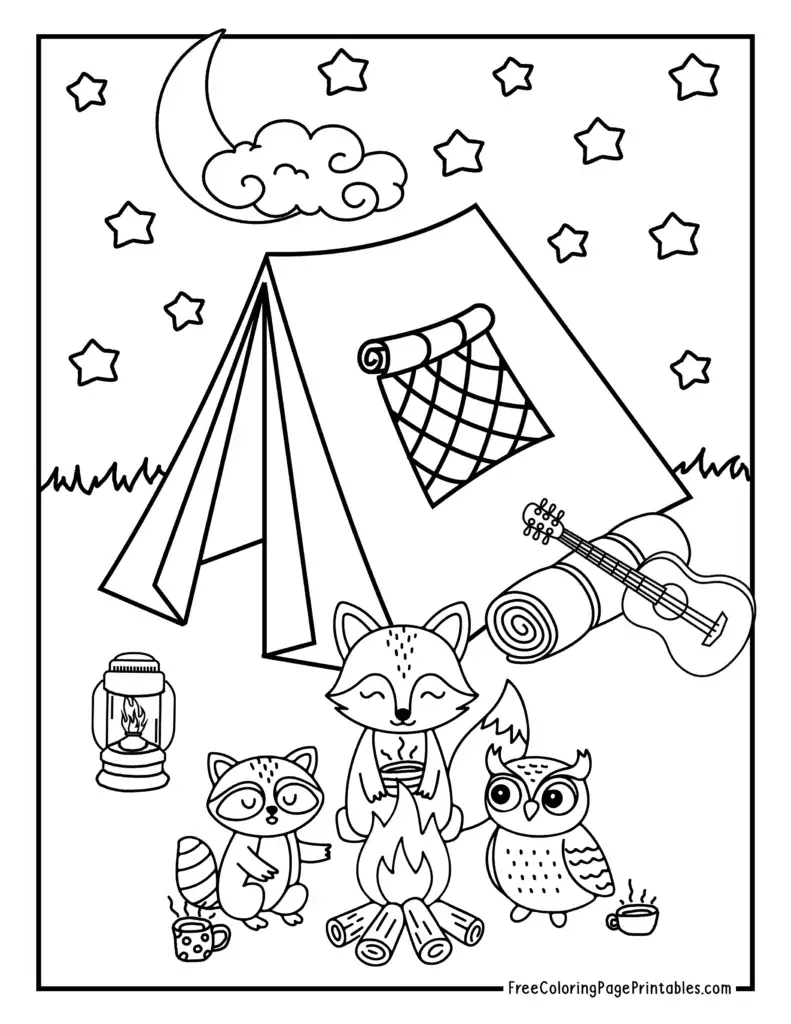 Summer Coloring Page with Fox Raccoon and Owl Tent Camping