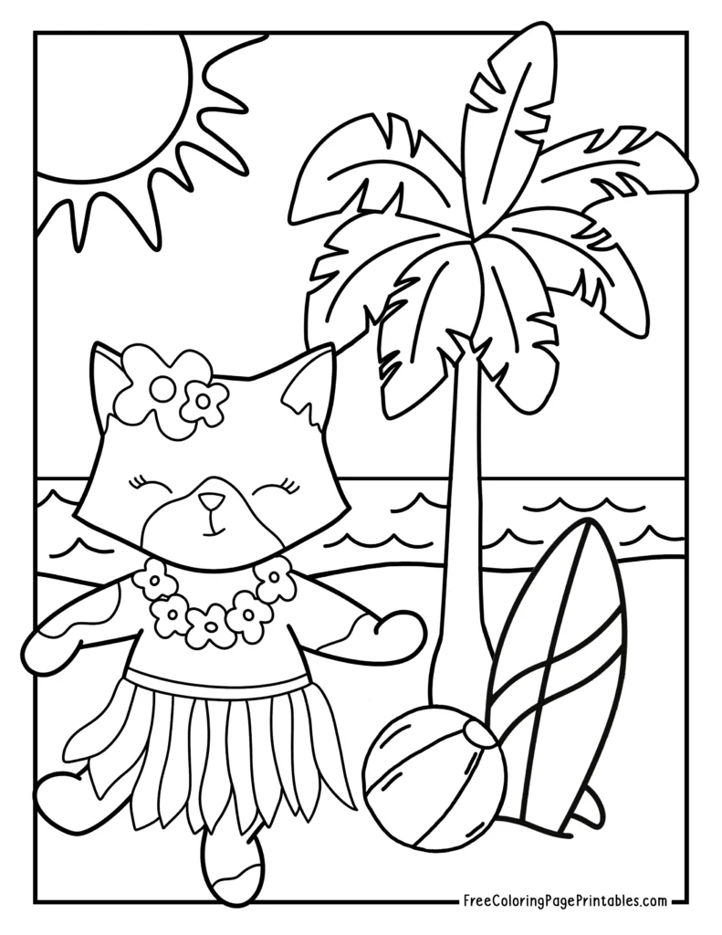Cute Kawaii Hula Cat Summer Coloring Sheet