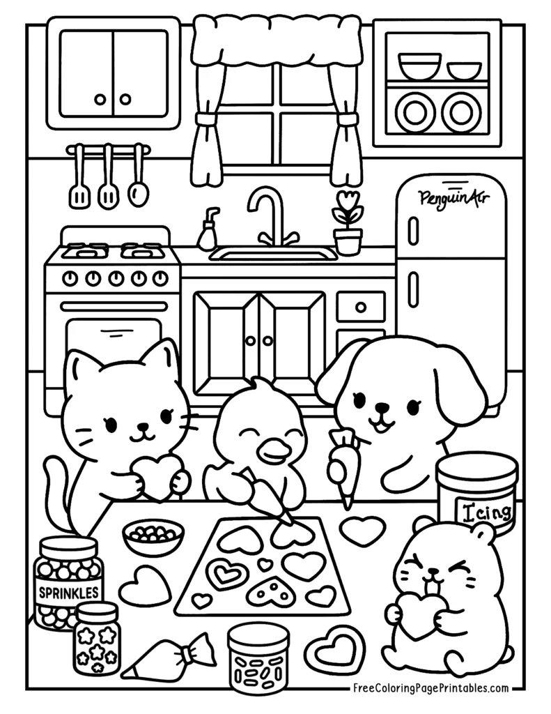 Baking Cookies Cute Animals Coloring Page