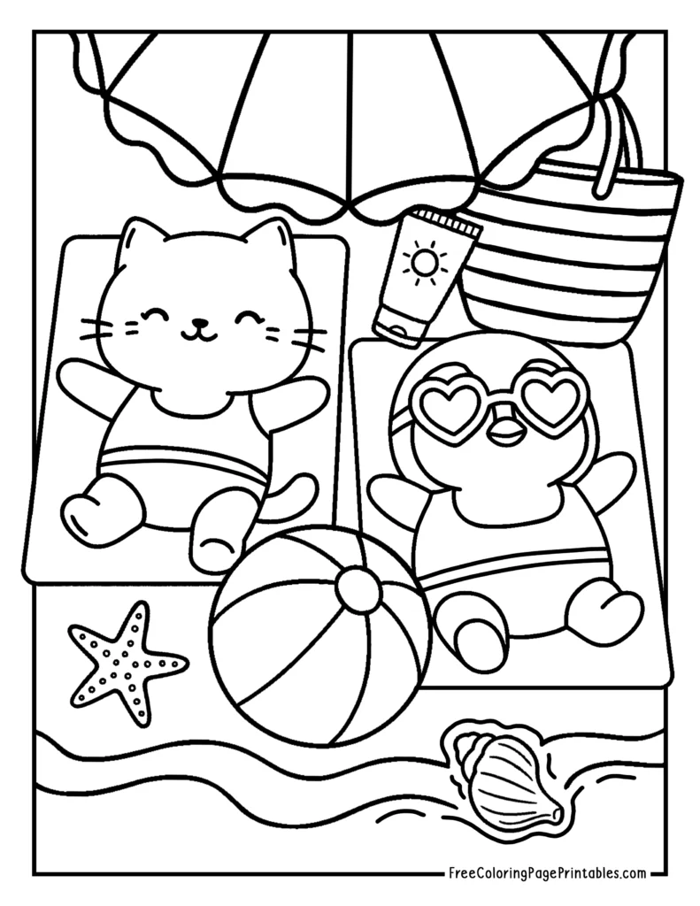 Beach Cute Animals Coloring Sheet