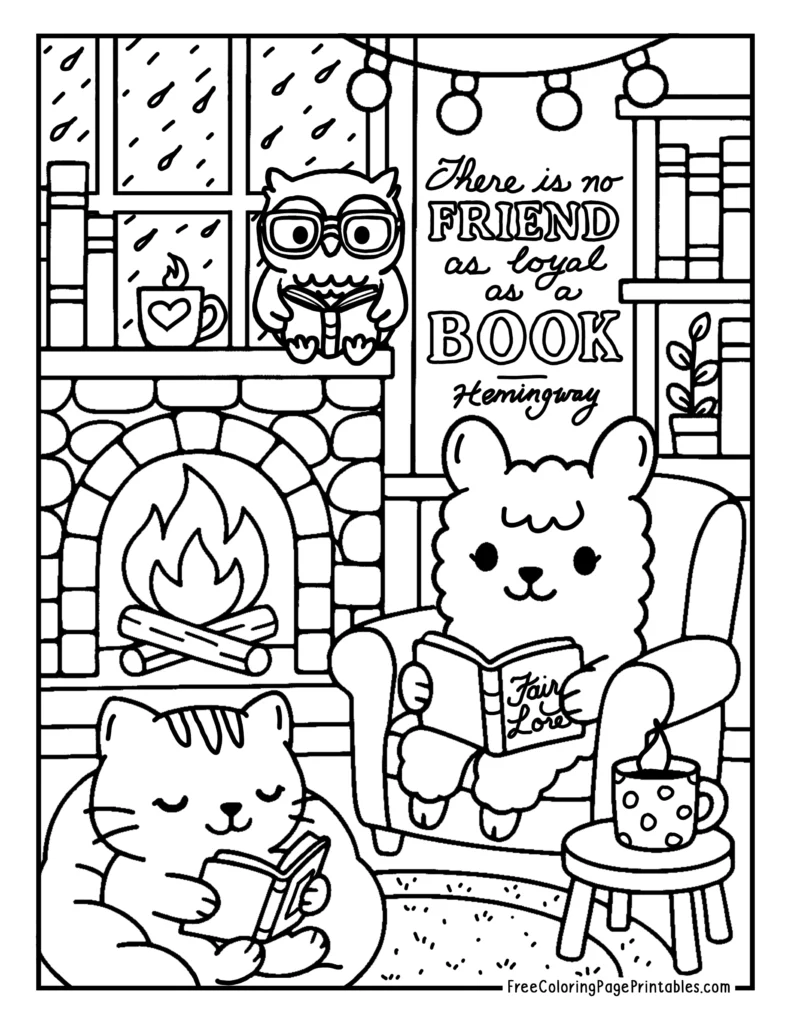 Cute Animals Reading in Cozy Book Nook Printable Coloring Pages