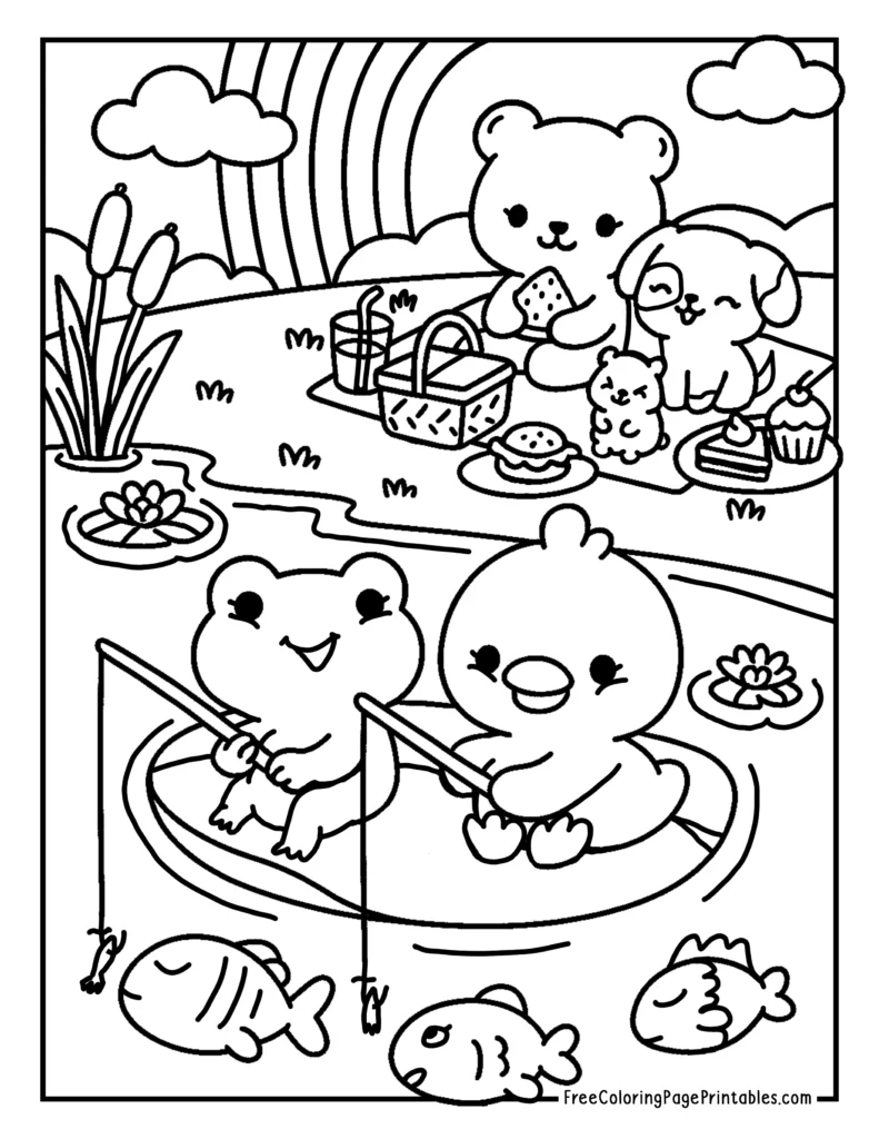 Fishing Pond Cute Animal Coloring Pages