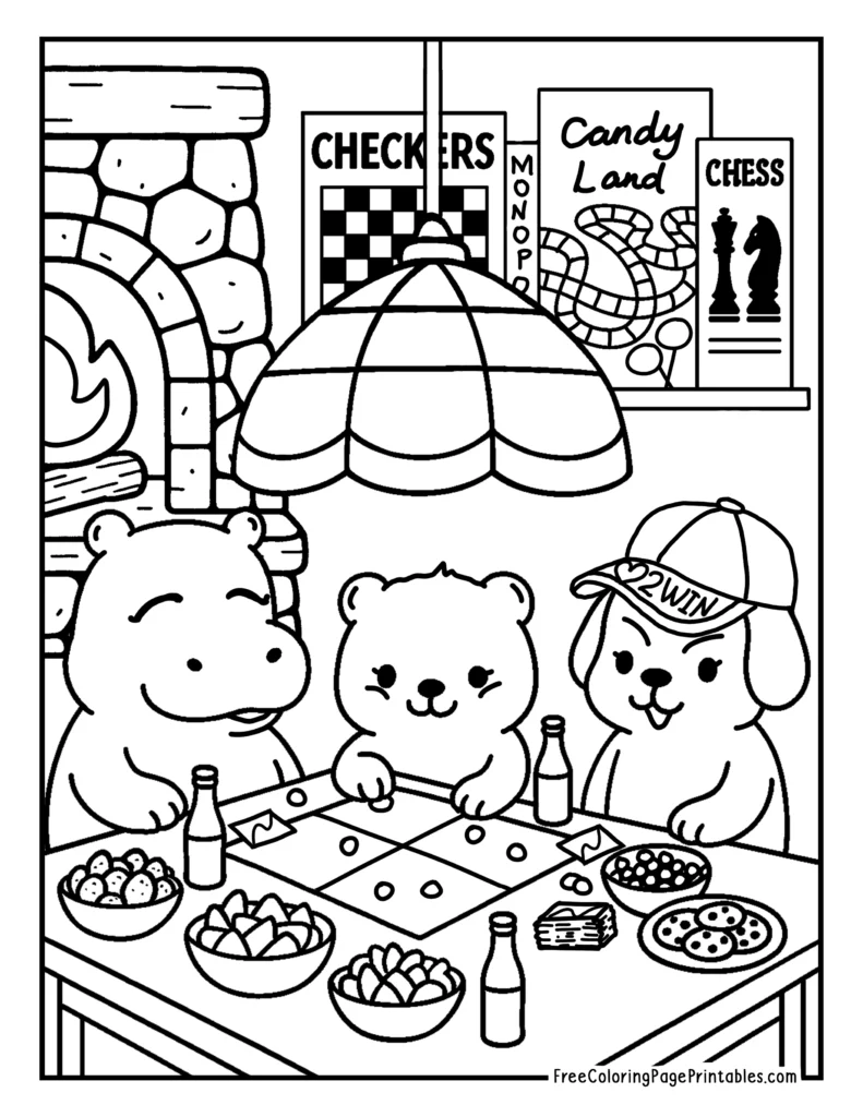 Cute Animals Playing Board Games Printable Coloring Pages
