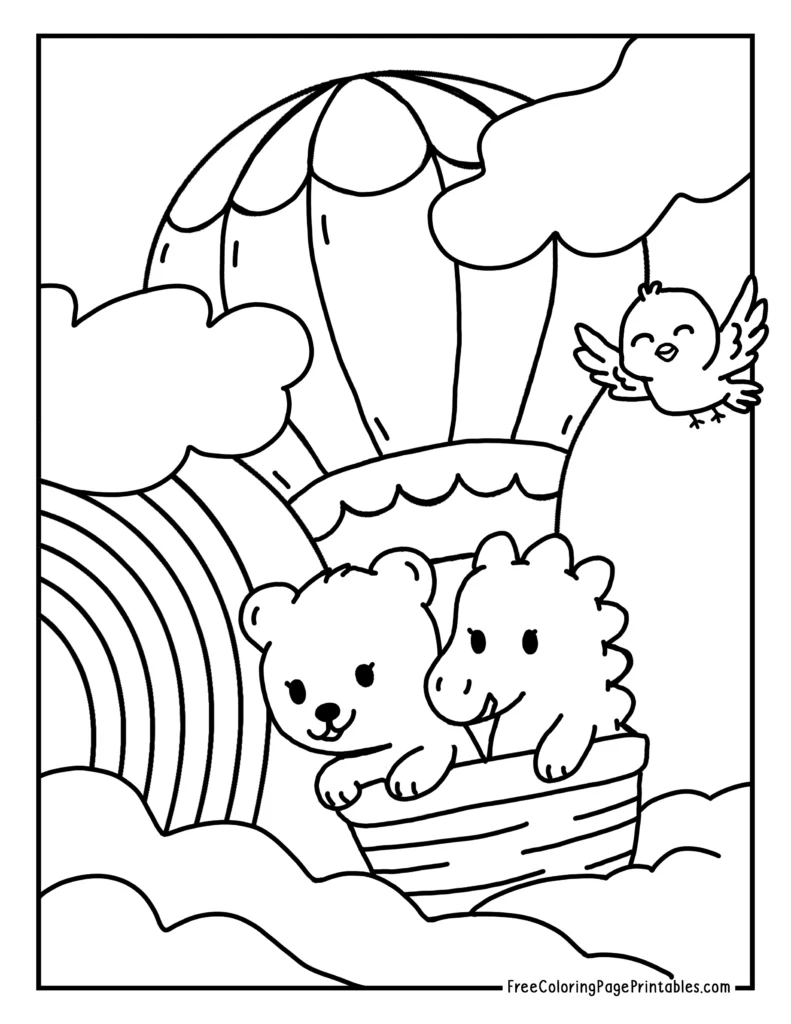 Hot Air Balloon Cute Animal Coloring Pages