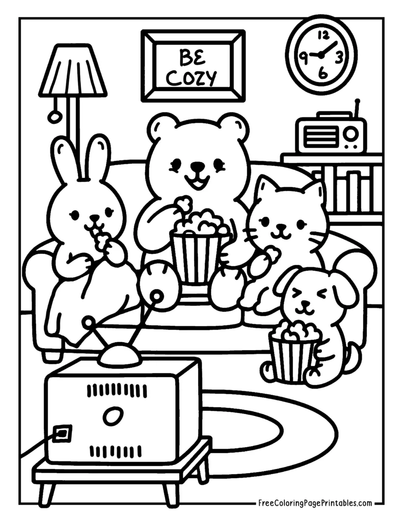 Movie Night Cute Animal Friends Printable Coloring Pages