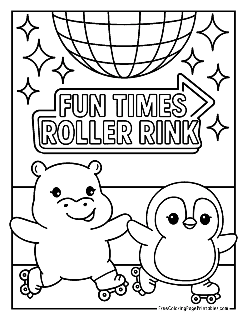 Rollerskating Rink Cute Animal Coloring Sheet