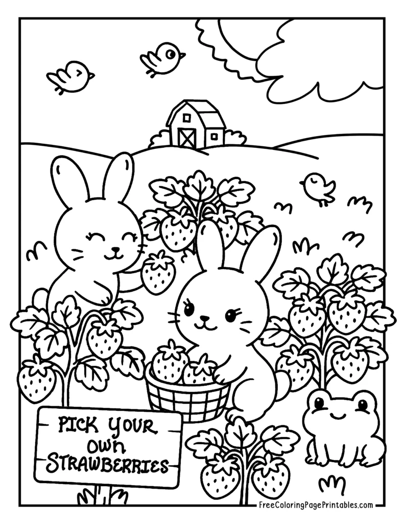 Strawberry Picking Cute Animal Printable Coloring Page