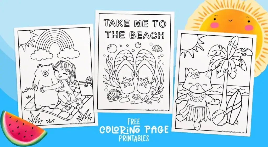 Summer 3 Printable Coloring Pages Beach Hula Cat and Bear