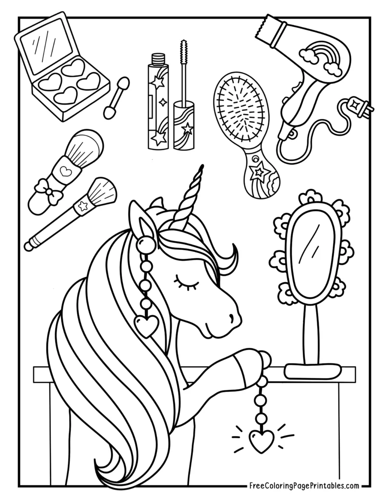 Unicorn with beauty products coloring sheet for kids and teens