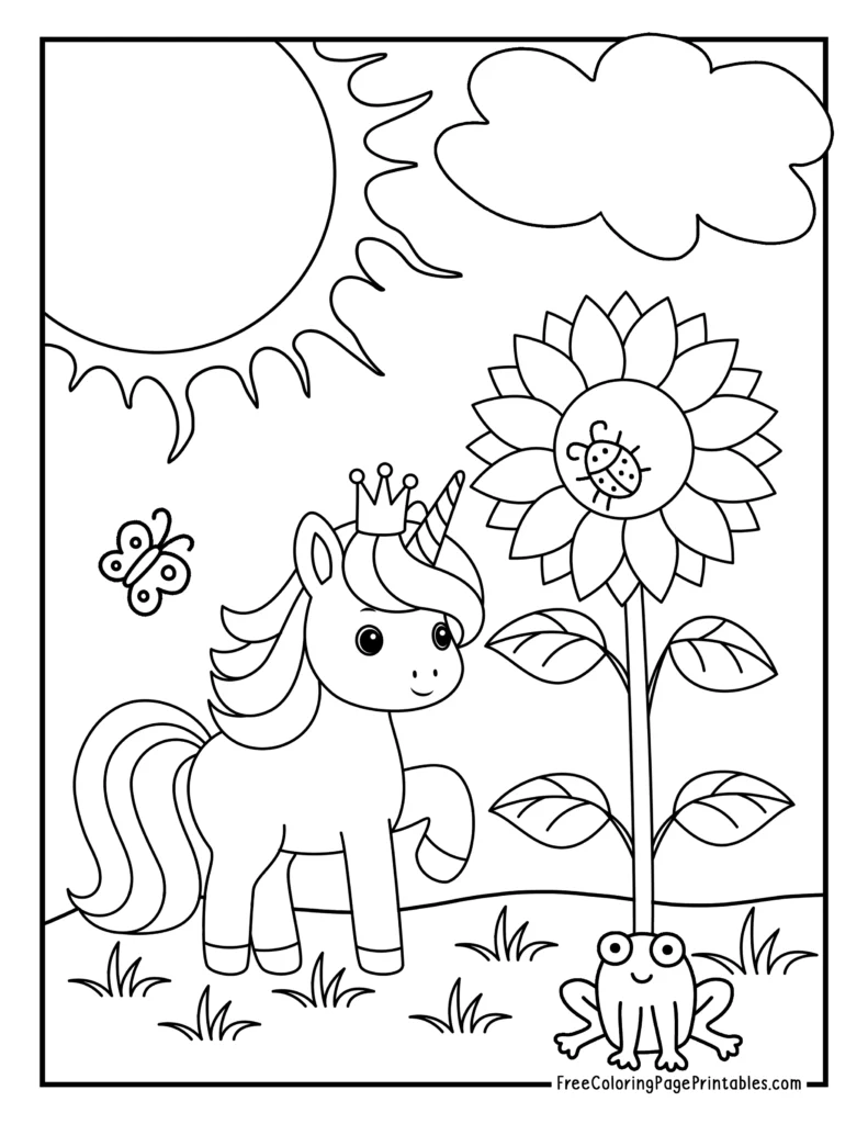 Princess Unicorn with Sunflower, Frog & Butterfly Coloring Page