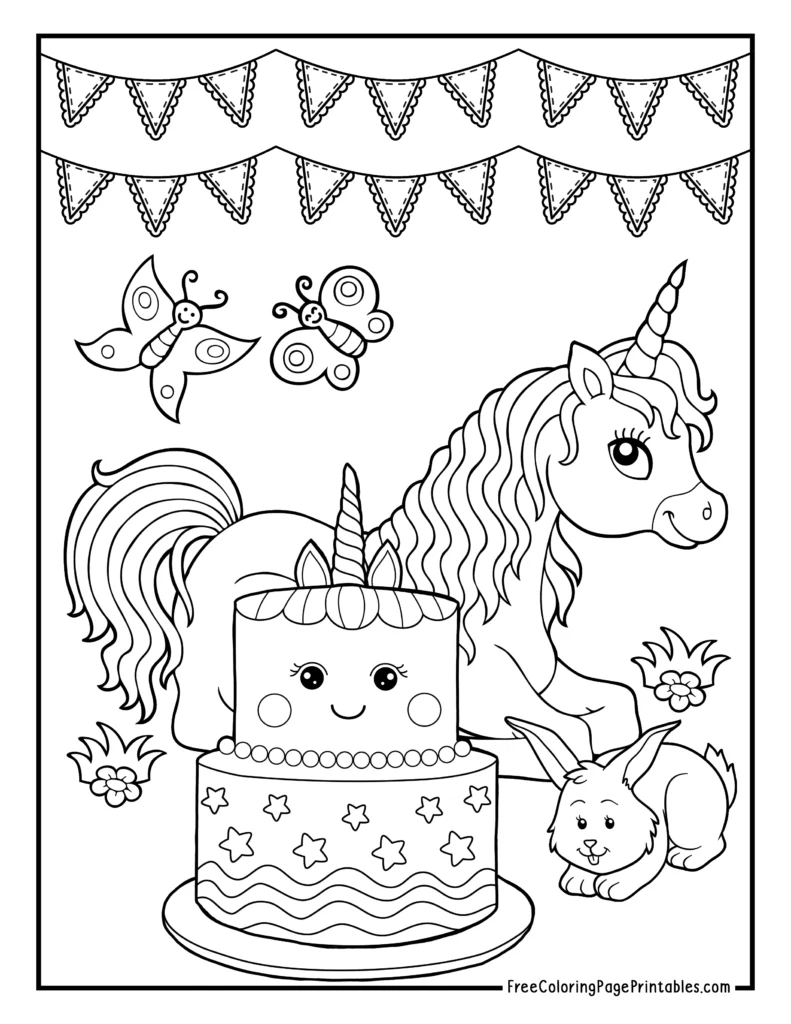 Birthday Unicorn Has Cake with Bunny and Butterflies