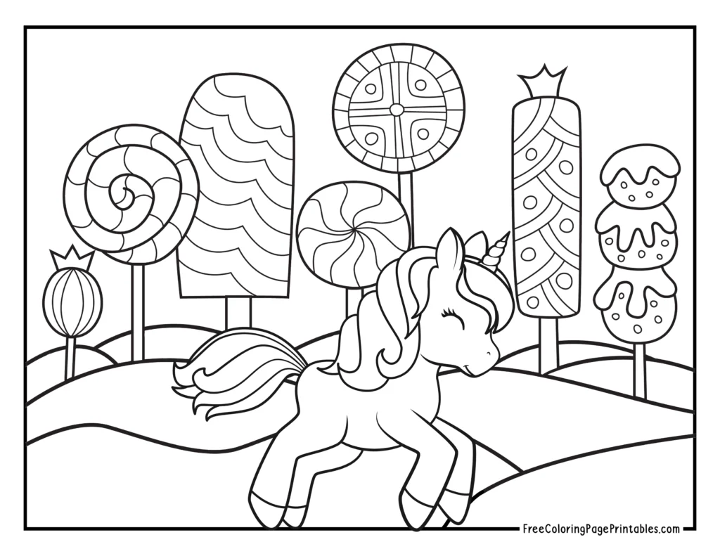 Unicorn in the Land of Sweets Coloring Page