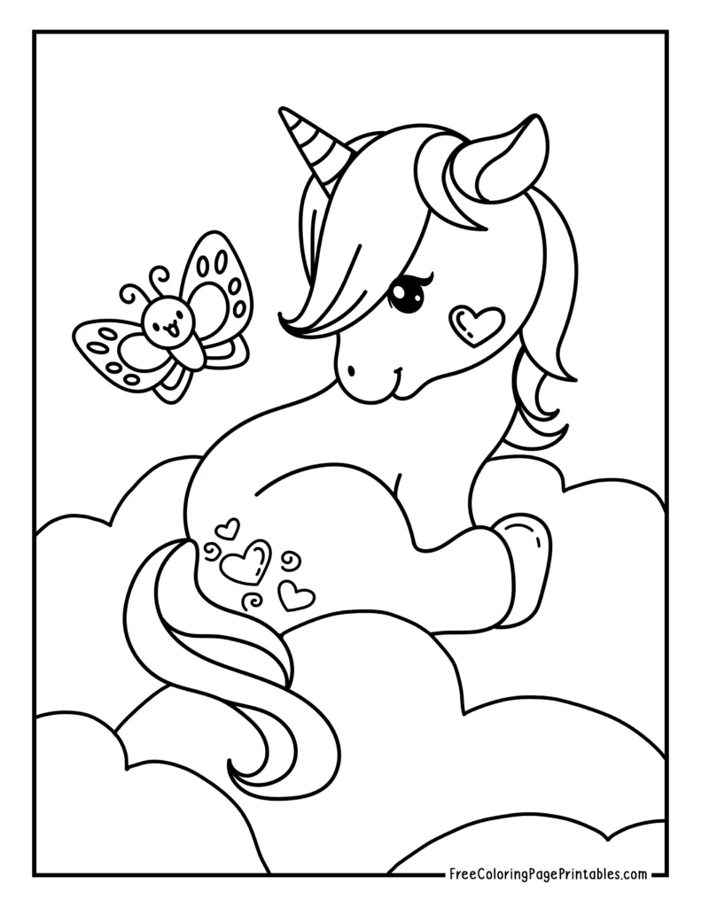 Unicorn on cloud with butterfly coloring page