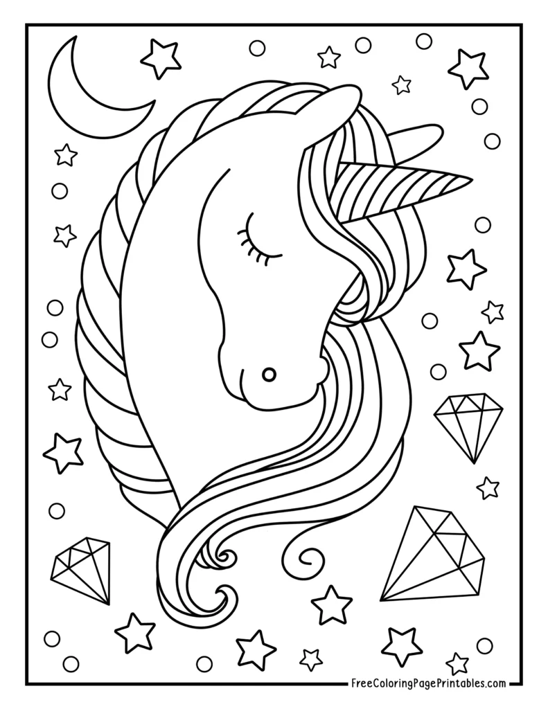 Unicorn Dreams of Diamonds and Starry Skies Coloring Sheet