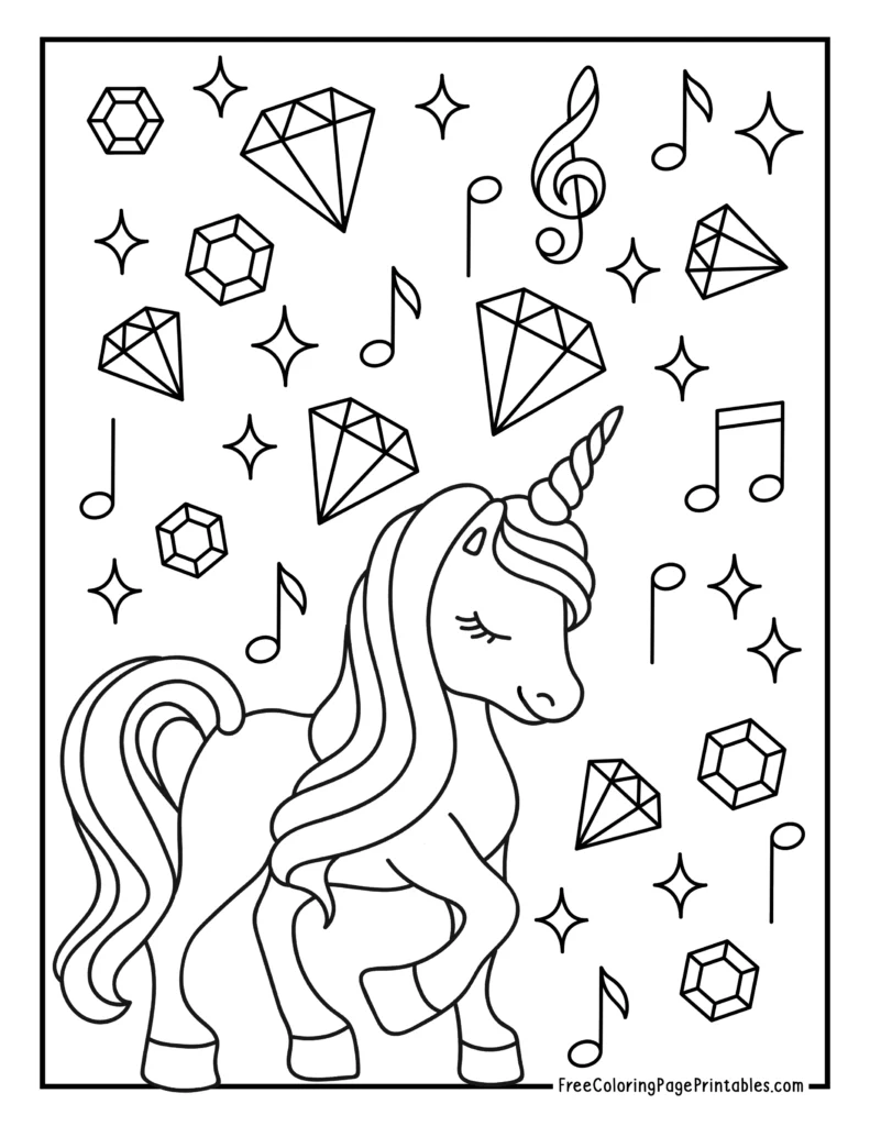 Unicorn with Jewels and Music Notes Coloring Page