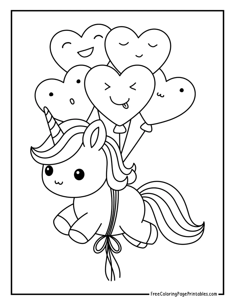 Baby Unicorn Flying with Balloons Printable Coloring Page