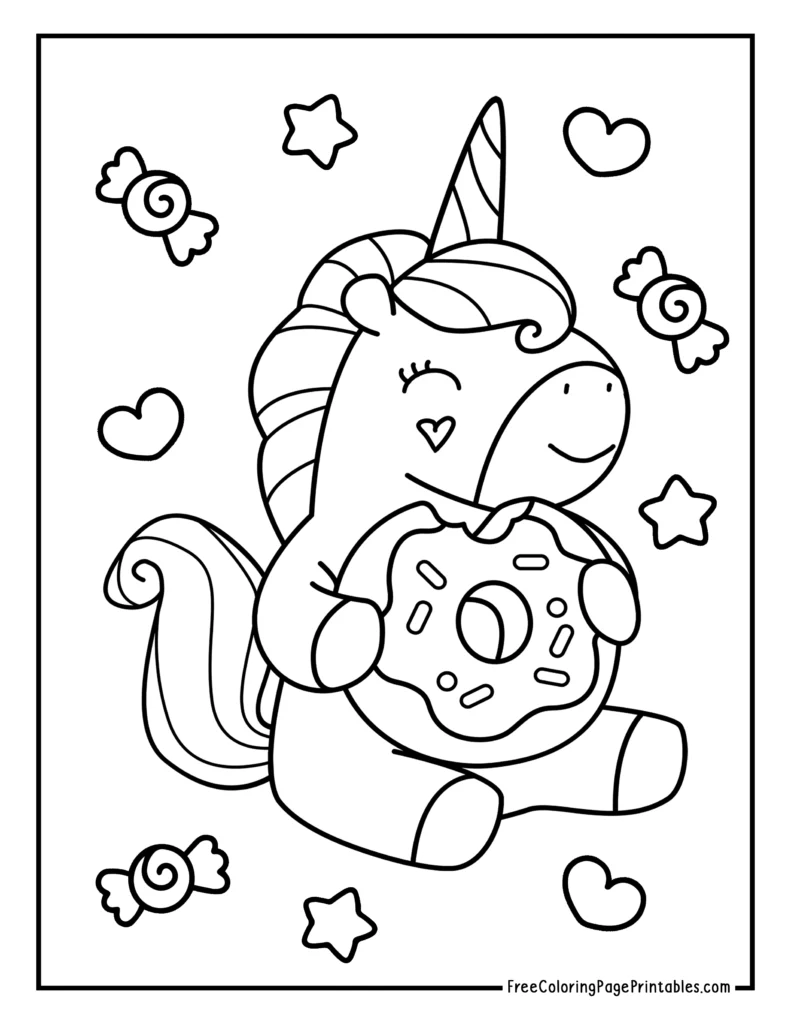 Young Unicorn with Doughnut and Sweets Coloring Sheet for Kids