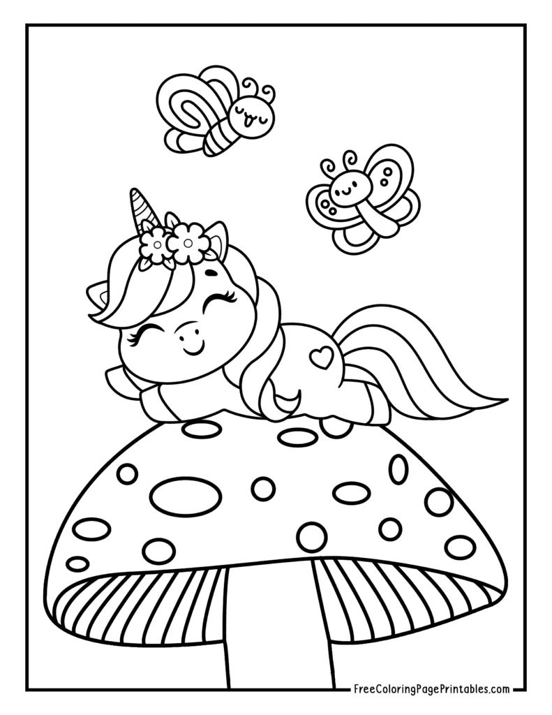 Baby Unicorn on Mushroom with butterflies Coloring Page