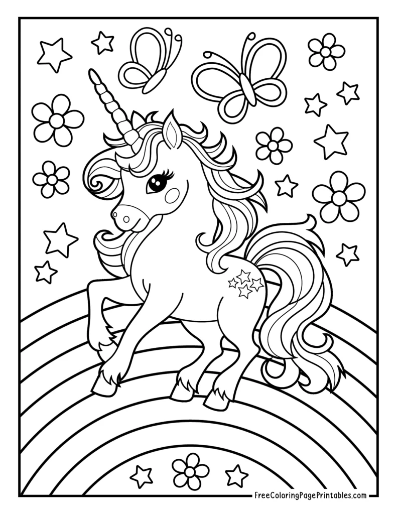 Pretty Unicorn on a Rainbow with Butterflies Coloring Page for Kids