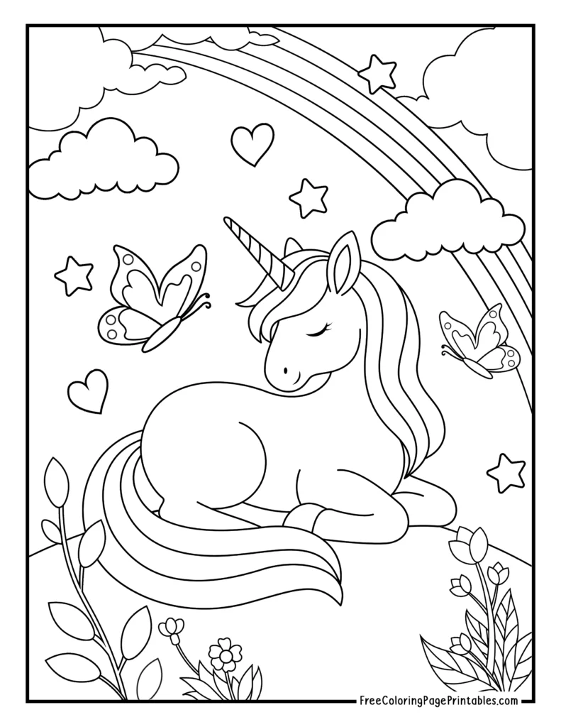 Unicorn with Rainbow and Butterflies Printable Coloring Page