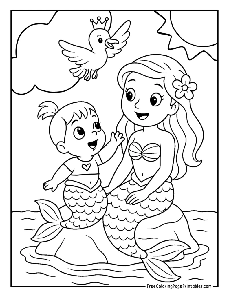 Baby and Seagull Mermaid Coloring Page