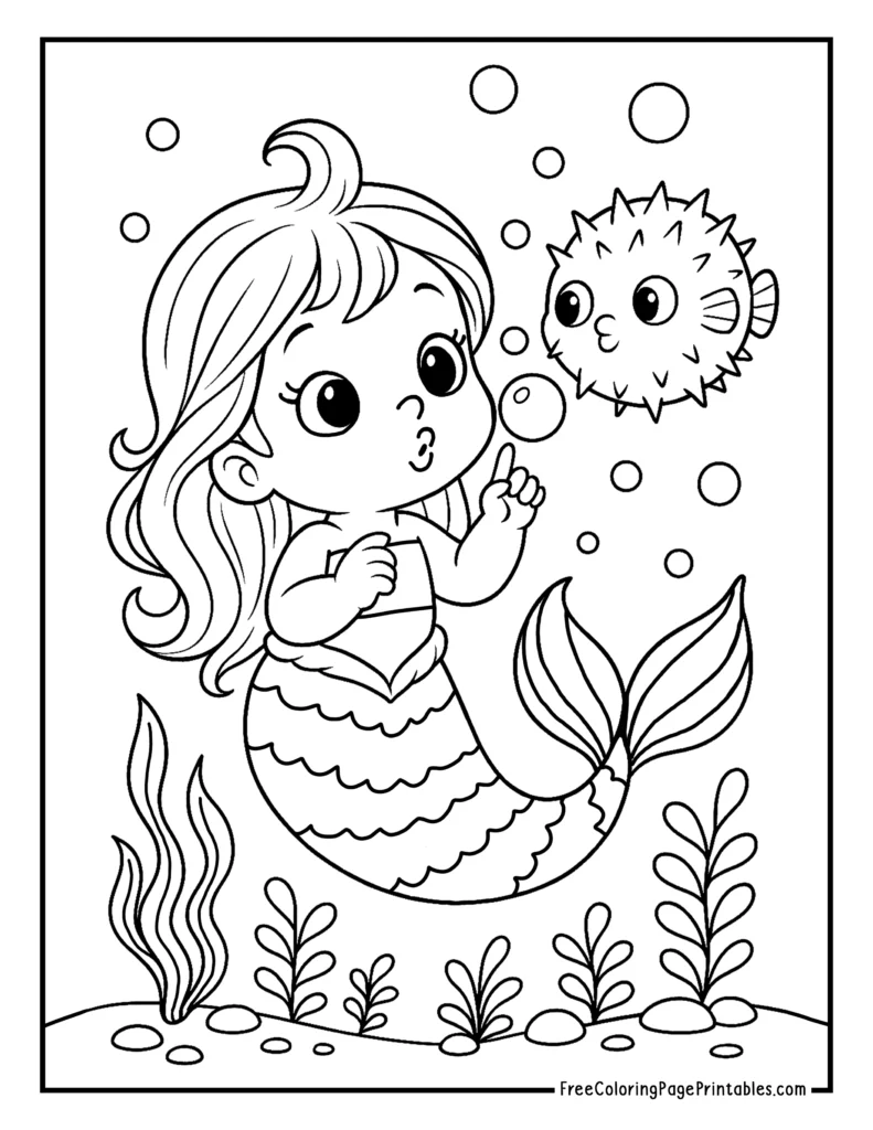 Pufferfish, Bubbles & Mermaid Coloring Page
