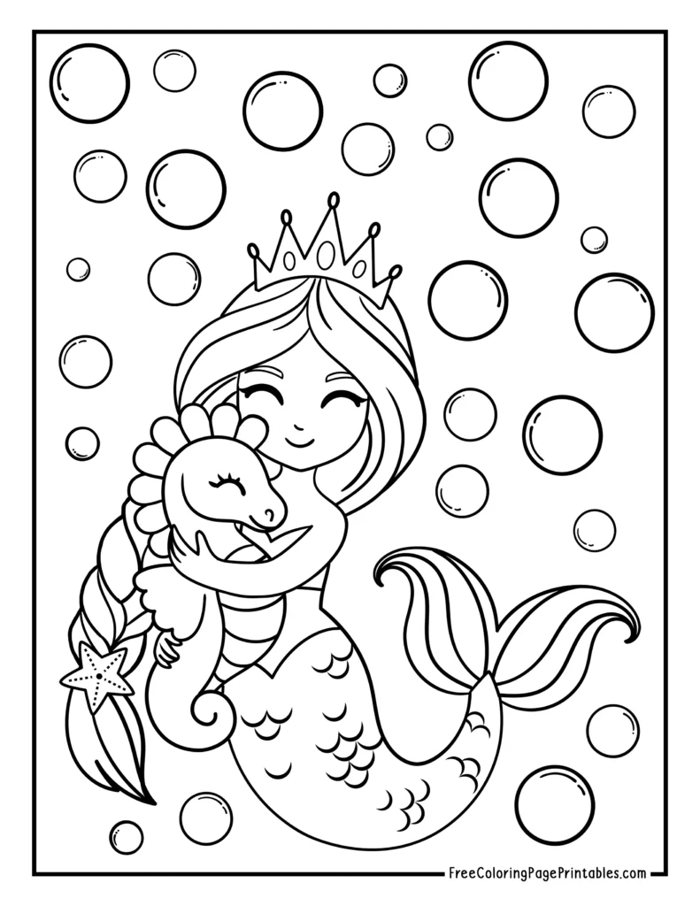 Seahorse and Mermaid Printable Coloring Page