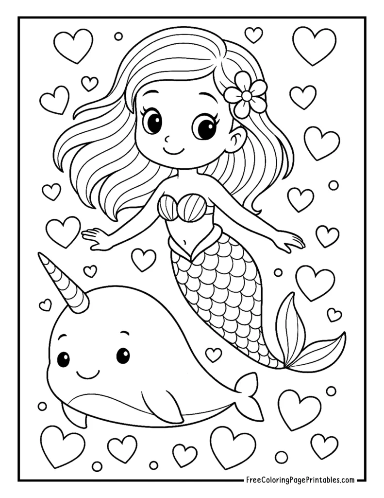 Narwhal and Mermaid Coloring Page