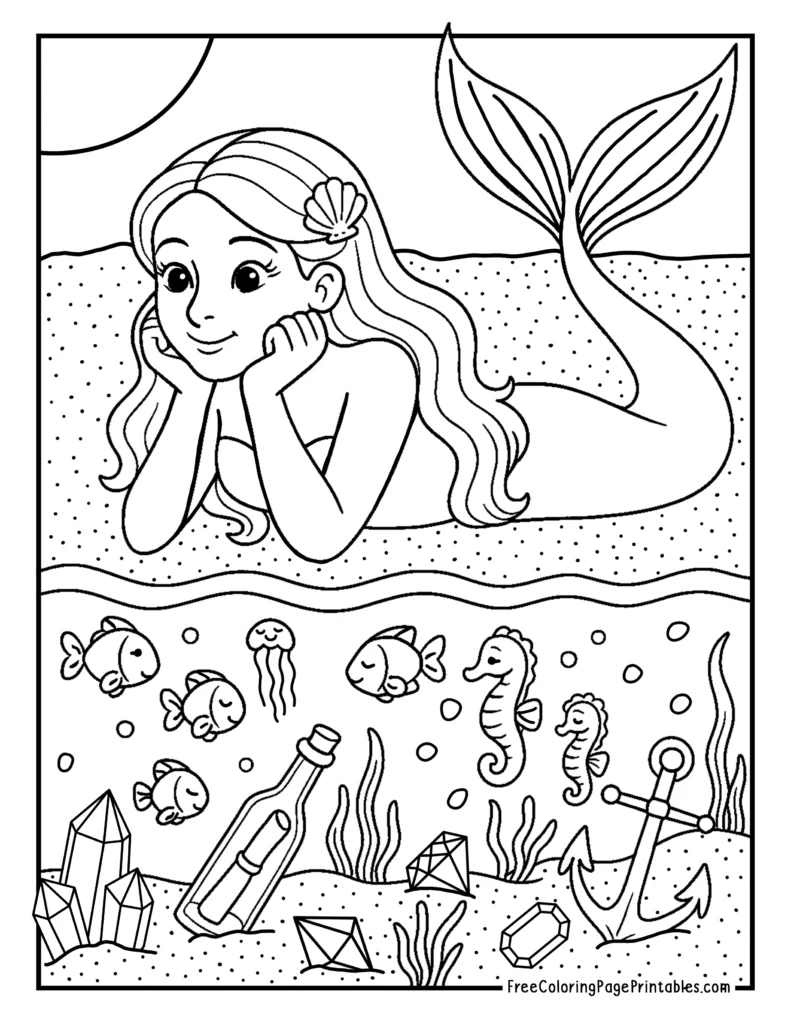 Ocean Gazing Mermaid Coloring Page
