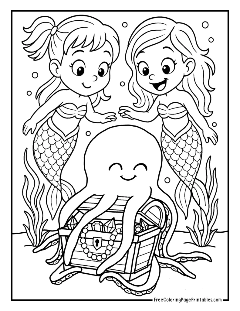 Octopus Treasure Chest Mermaid Coloring Page