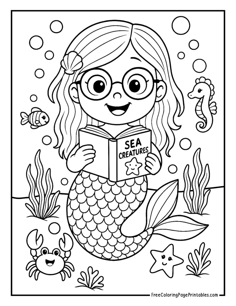 Reading Mermaid Printable Coloring Page