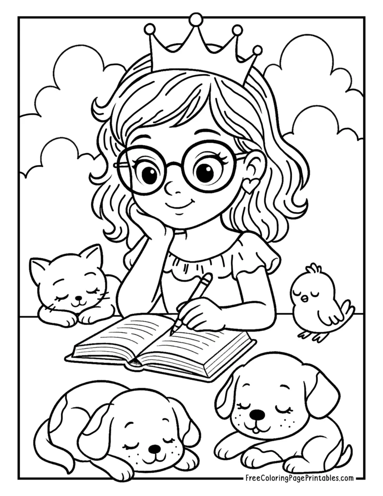 Books & Pets Princess Coloring Page