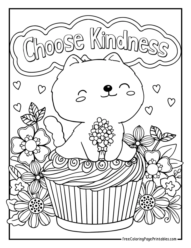Choose Kindness Cat Flowers Cupcake Coloring Page