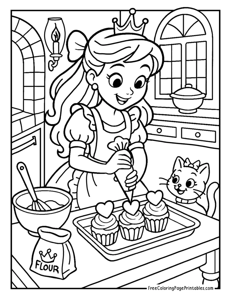 Cupcake Baking Princess Coloring Sheet
