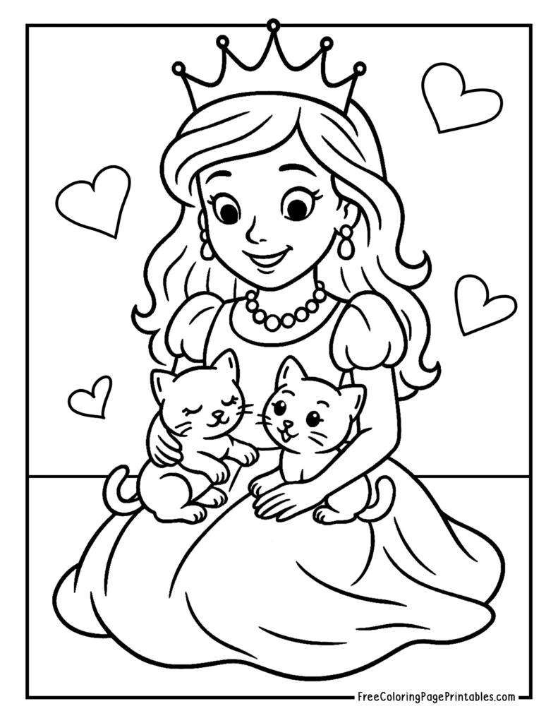 Cute Kittens with Princess Coloring Page