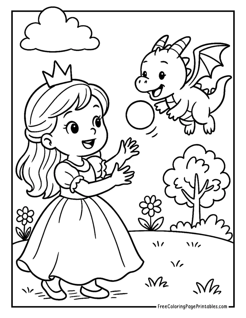 Cute Princess & Dragon Coloring Page