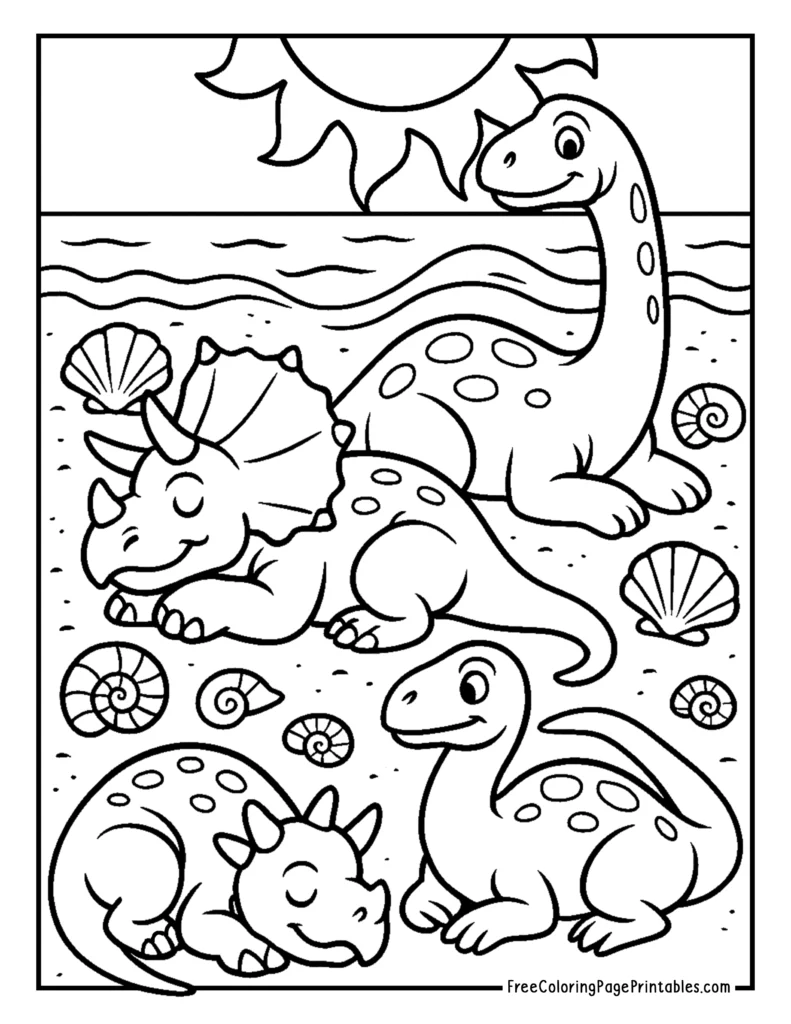Dinos on Beach Dinosaur Coloring Page
