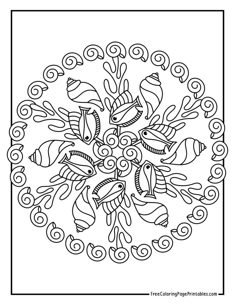Fish Seashells Cute Mandala Coloring Page
