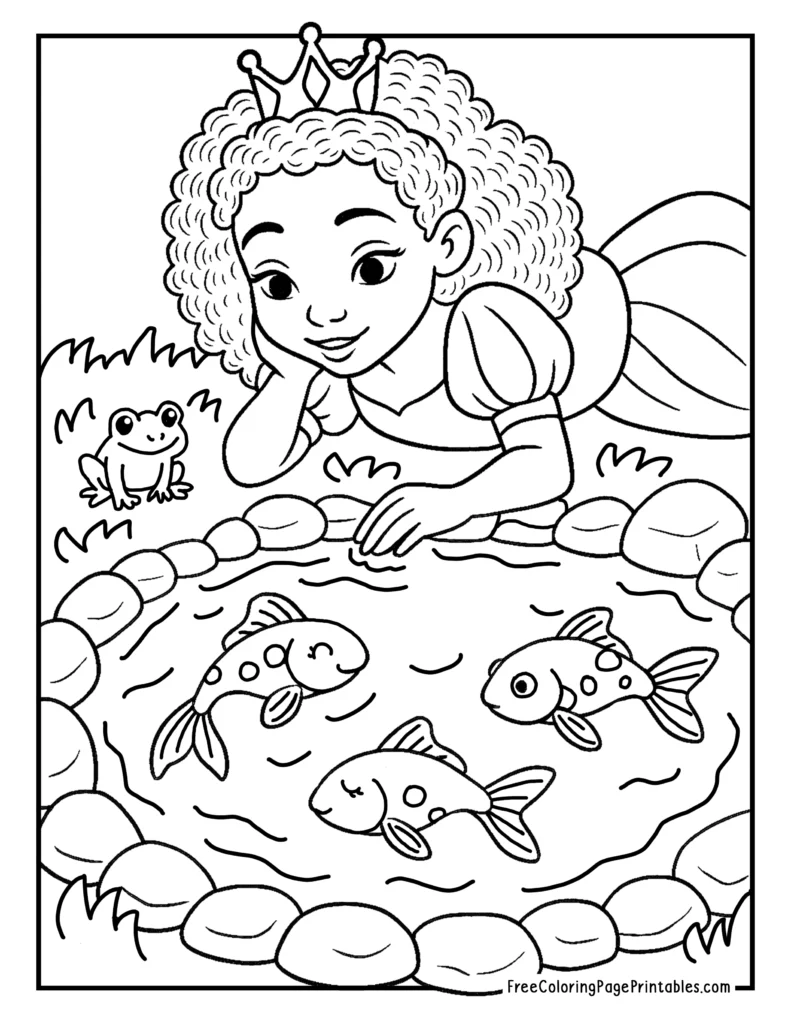 Frog & Koi Pond Princess Coloring Sheet