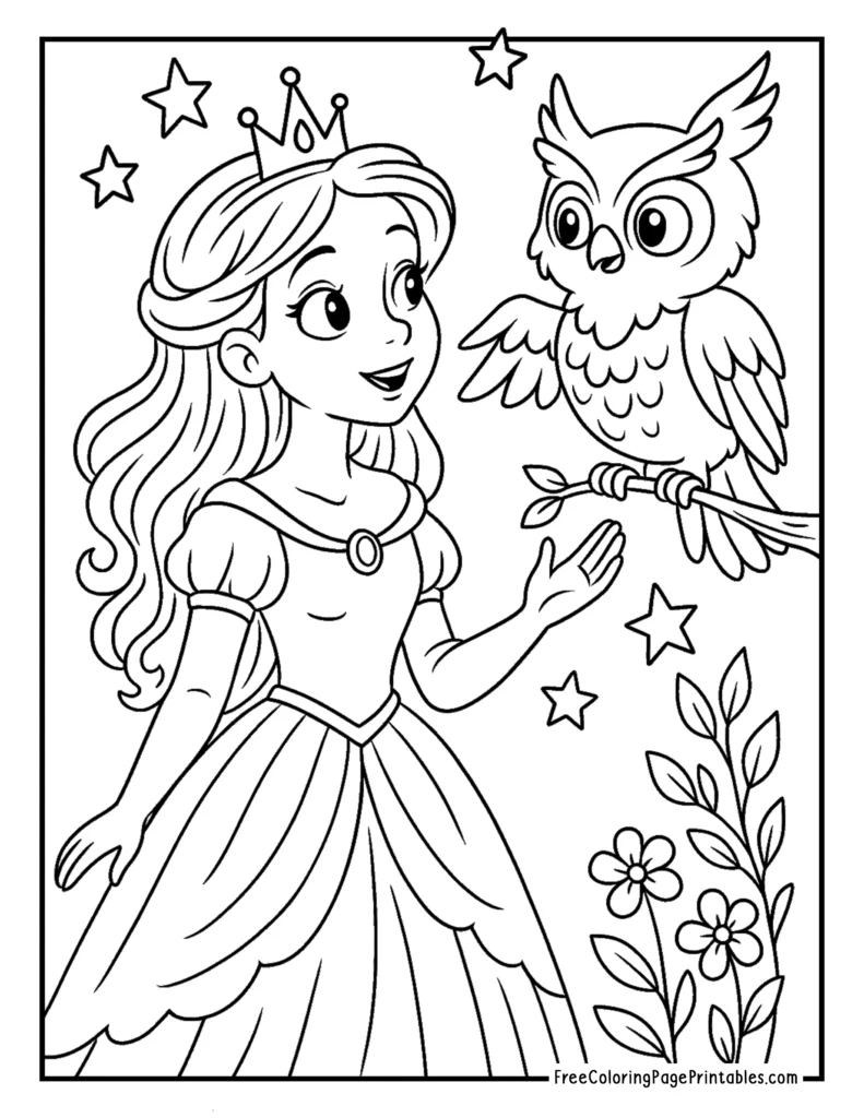 Magic Owl & Princess Coloring Page