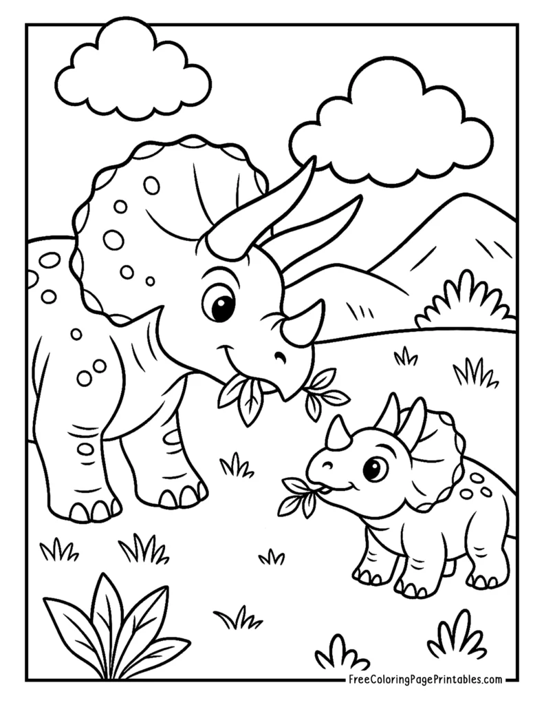 Mama and Baby Triceratops Dinosaur Printable Coloring Page
