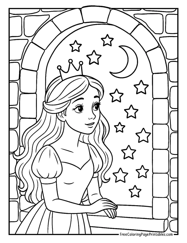 Moon & Stars Princess Coloring Page