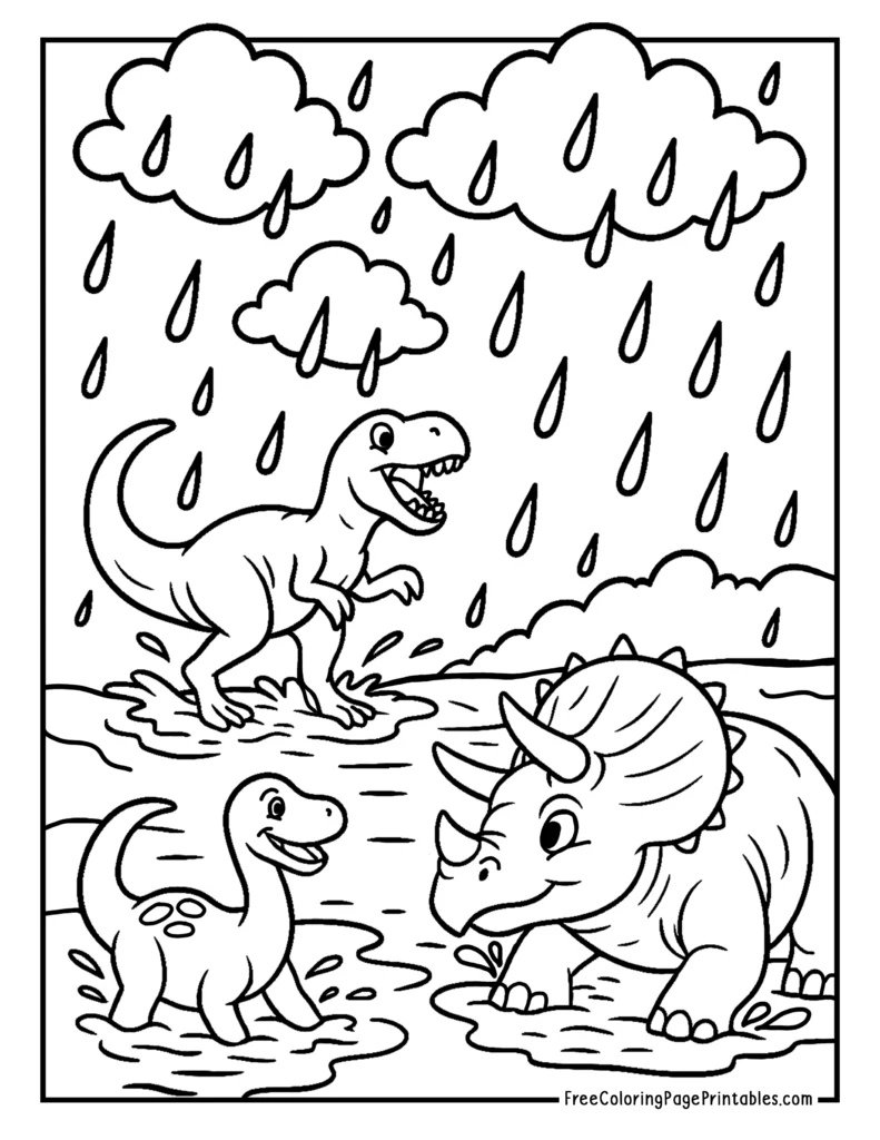 Playing in Rain Dinosaurs Coloring Page