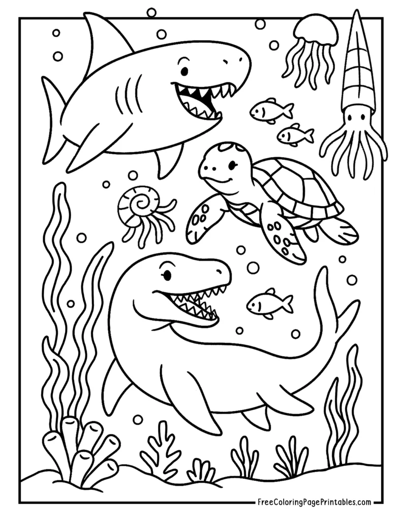 Prehistoric Under the Sea Megalodon Mosasaurus Coloring Sheet