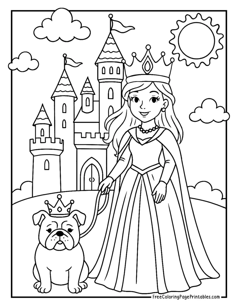 Princess and Dog Coloring Page