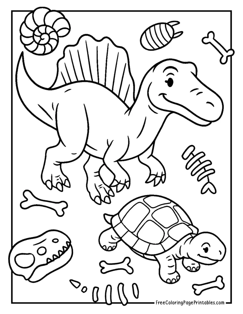 Spinosaurus Dinosaur Coloring Page Fossils Bones Turtle