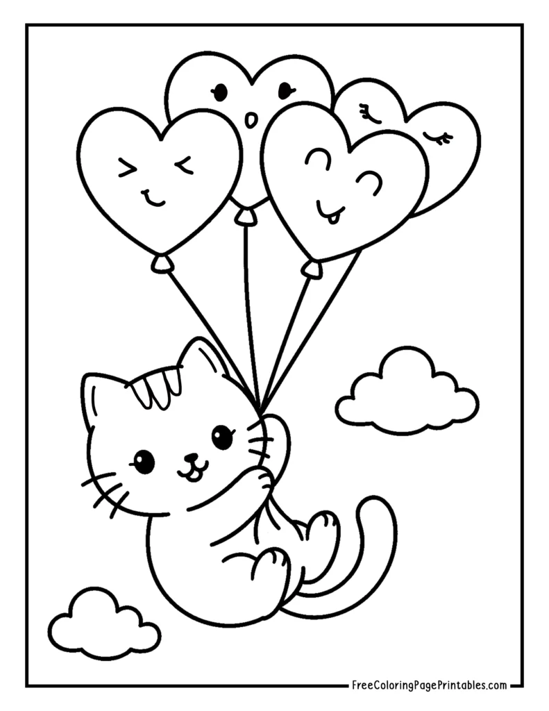 Simple Cat & Balloons Coloring Page