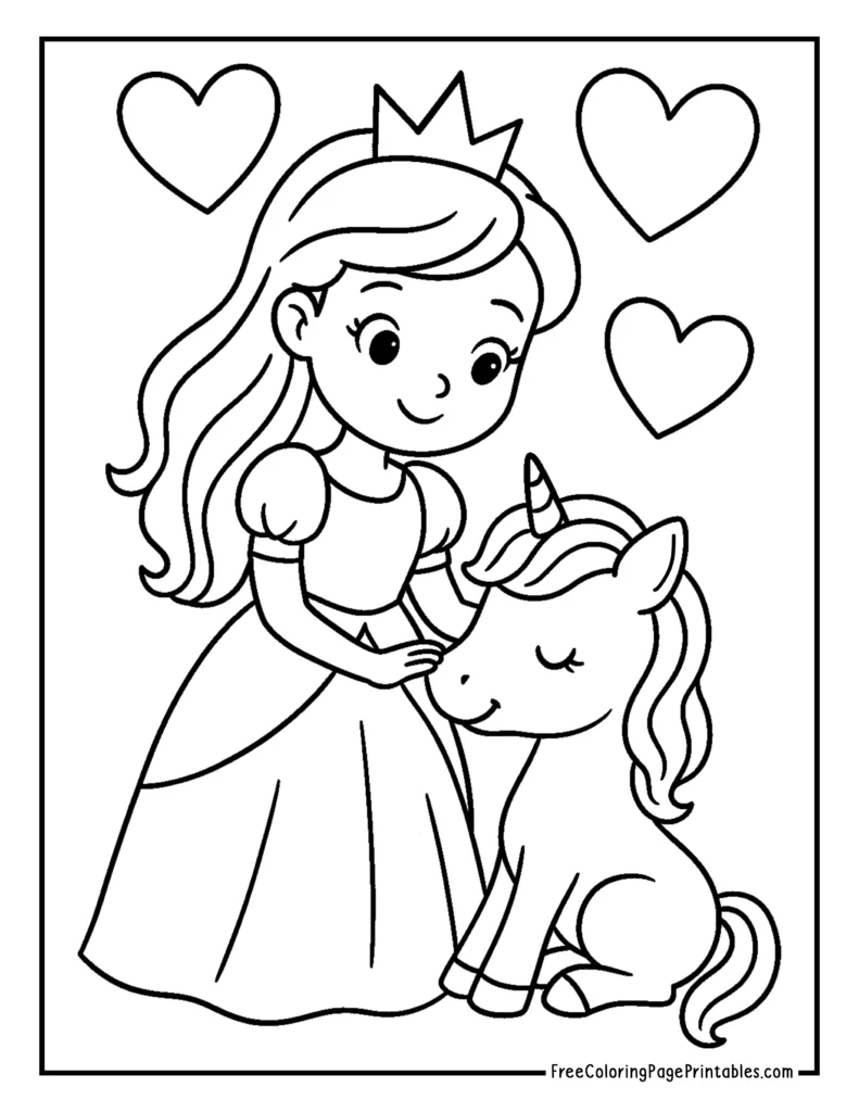 Simple Princess and Unicorn Coloring Page