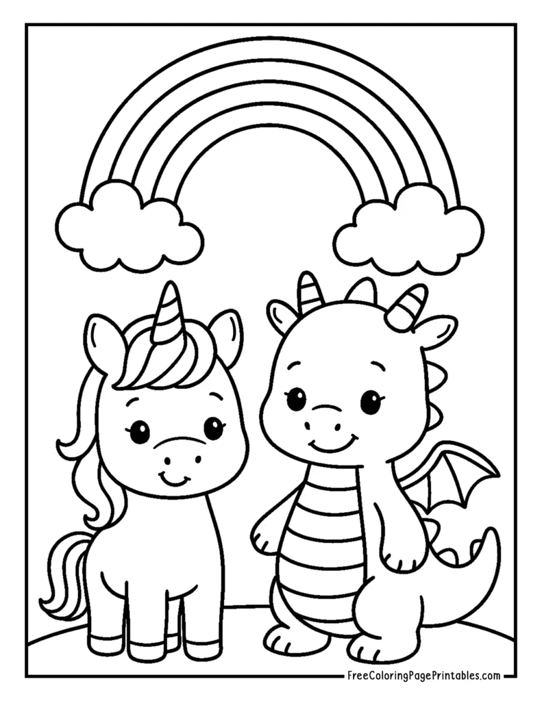 Easy Unicorn and Dragon Coloring Page